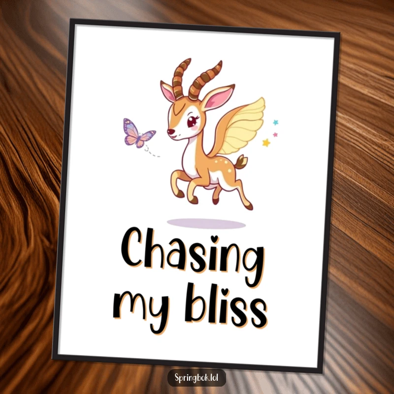 Funny Winged Springbok Digital Art Print: Springbok with wings playfully chases a shimmering butterfly.