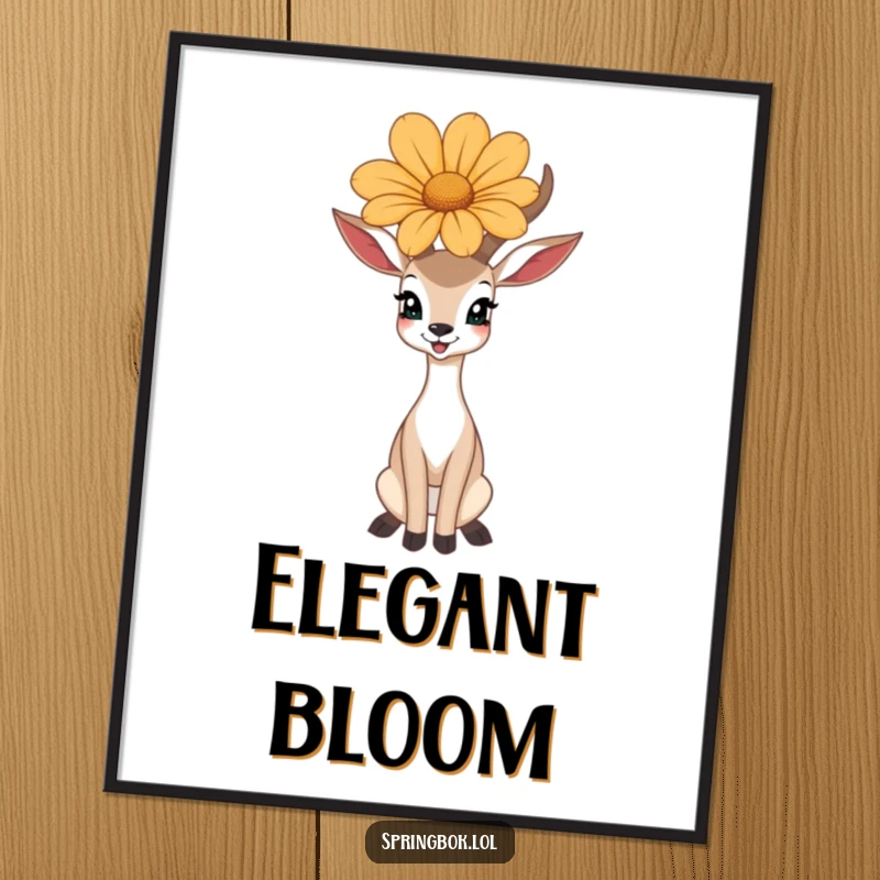 Funny digital art print of a happy antelope balancing a large flower on its head, perfect for decor.