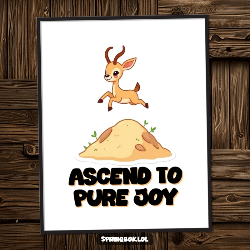 Funny tiny antelope character joyfully leaping high over a hill, depicted in a digital art print for humorous decor.