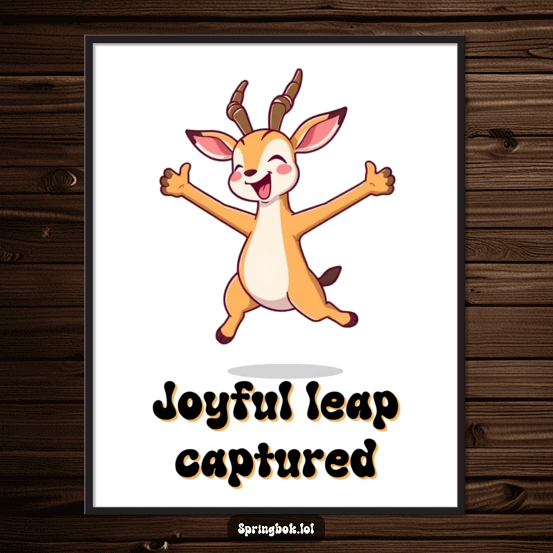 Funny kawaii springbok digital art of a joyful jump with arms spread wide, available for instant download.