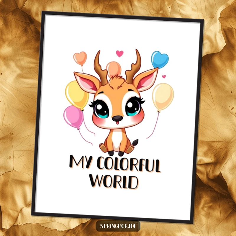 Funny springbok digital art of a happy character with large eyes humorously juggling bright balloons, available for instant download.