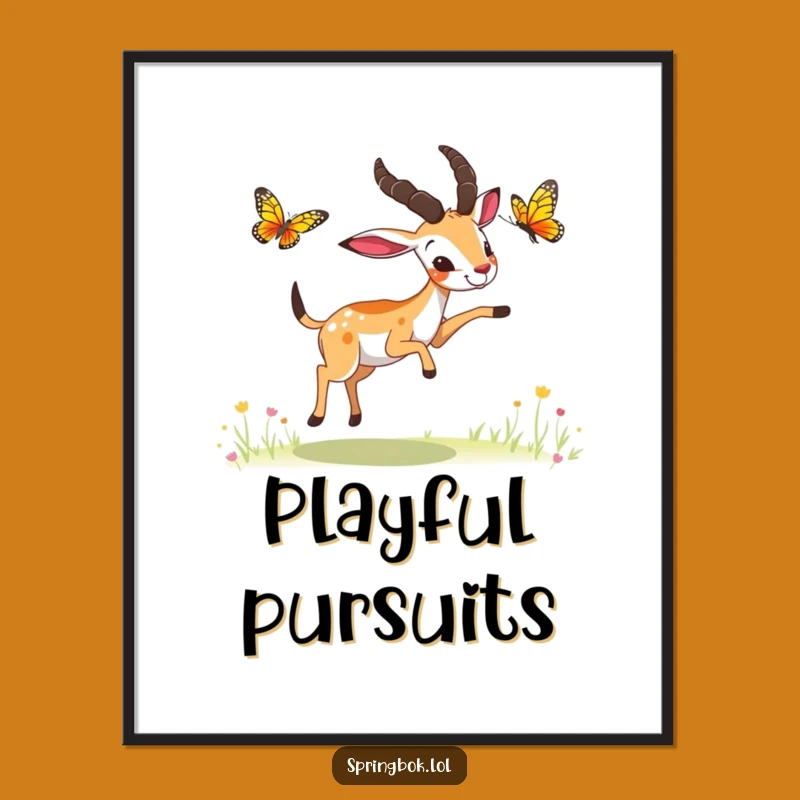 Funny Springbok Butterfly Chase Digital Art: Playful Antelope Print