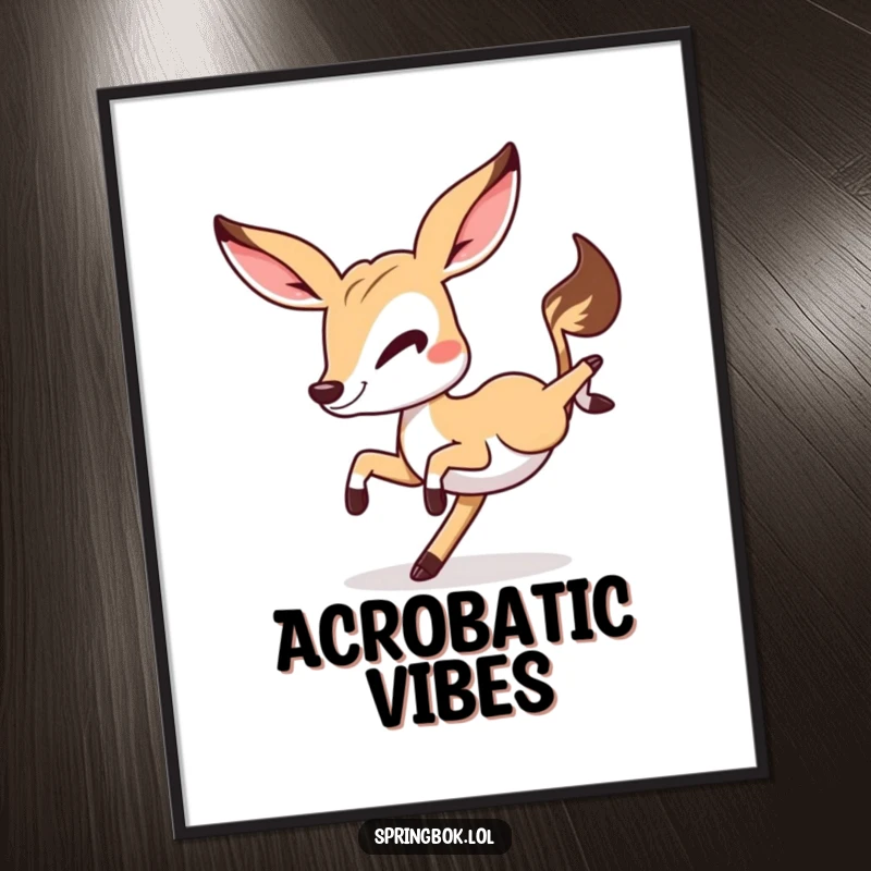 Funny Springbok cartwheel digital art print, a mischievous springbok winking and doing a cartwheel, high-resolution humor.