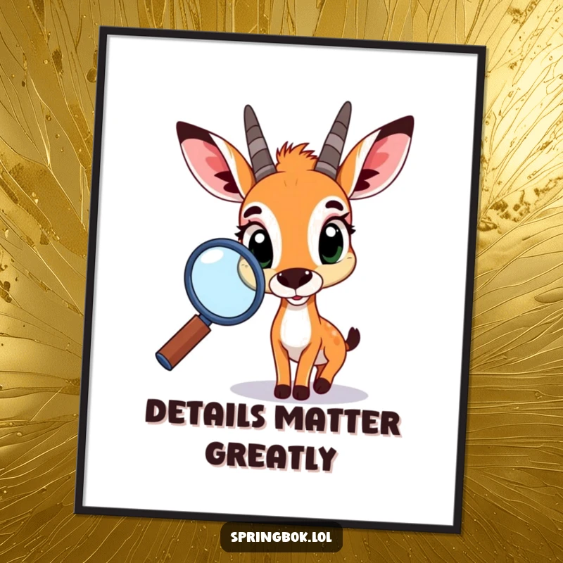 Funny springbok digital art print, featuring a springbok with wide, curious eyes investigating with a magnifying glass, ideal for humorous wall decor.