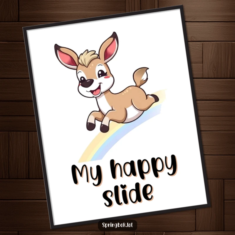 Funny springbok rainbow digital art print, sliding down a rainbow with a grin, ready to download as a funny gift.