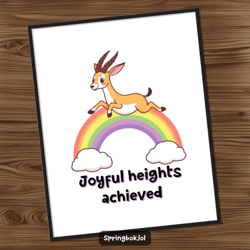 Funny digital art print of a springbok joyfully leaping over a colorful rainbow, embodying whimsy and happiness.
