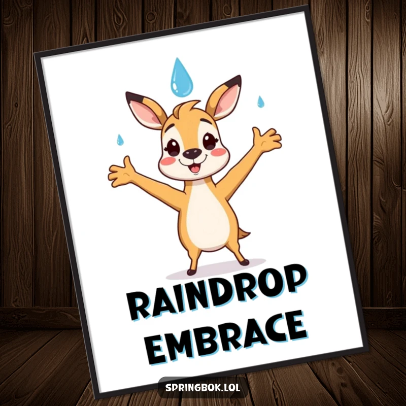 Funny springbok digital art print of a springbok character happily catching a smiling raindrop with open arms, perfect for download.
