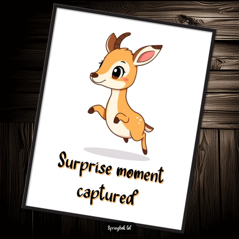 Funny springbok doing a surprised little hop, captured mid-air, as a digital art print.