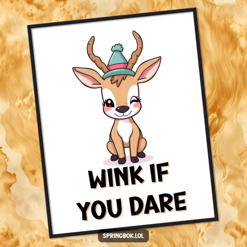 Funny Digital Art Print: A playful antelope dons a funny hat and winks, exuding a cheerful and humorous vibe for instant wall decoration.
