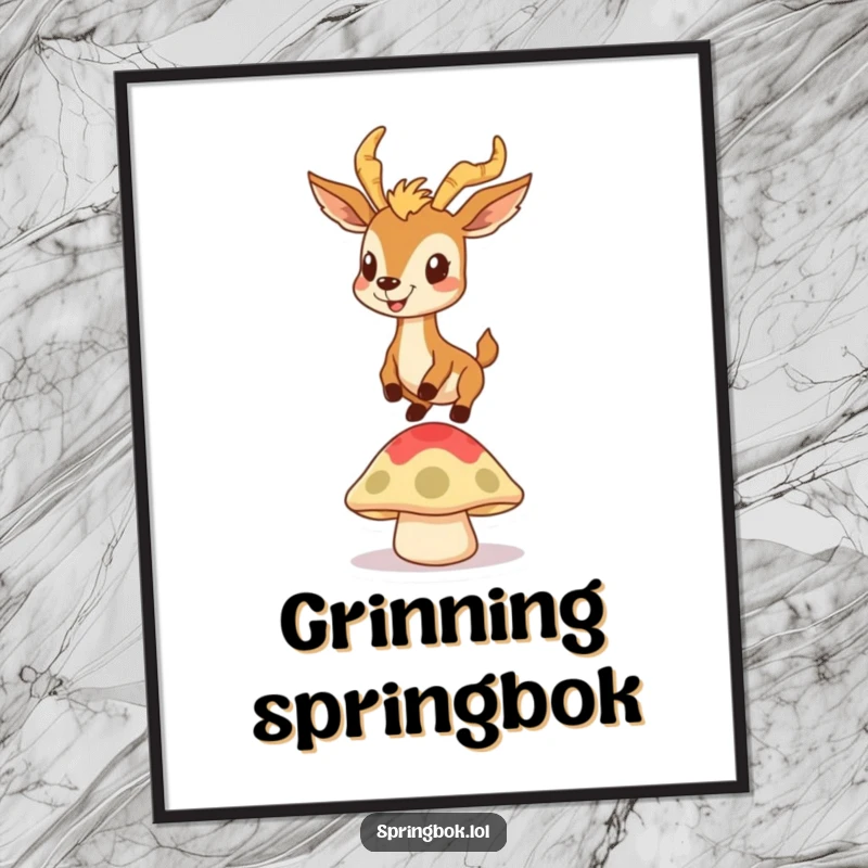 Funny digital art print of a springbok with a goofy grin bouncing on a springy mushroom cap, instant energetic decor.
