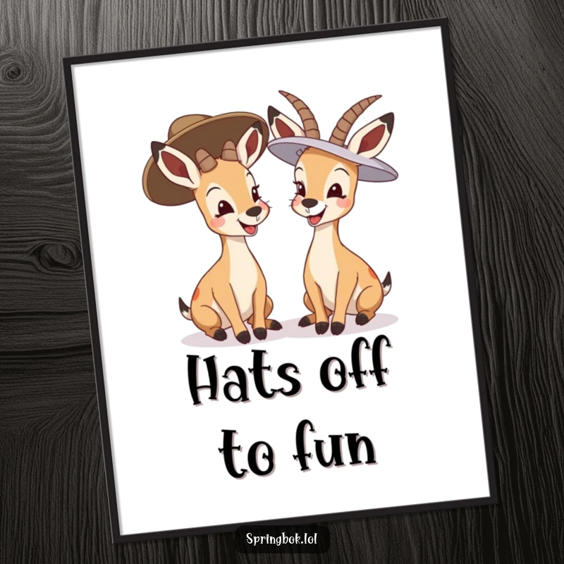 Funny springbok giggling digital art print, two springboks in oversized hats laughing, high-quality and humorous.