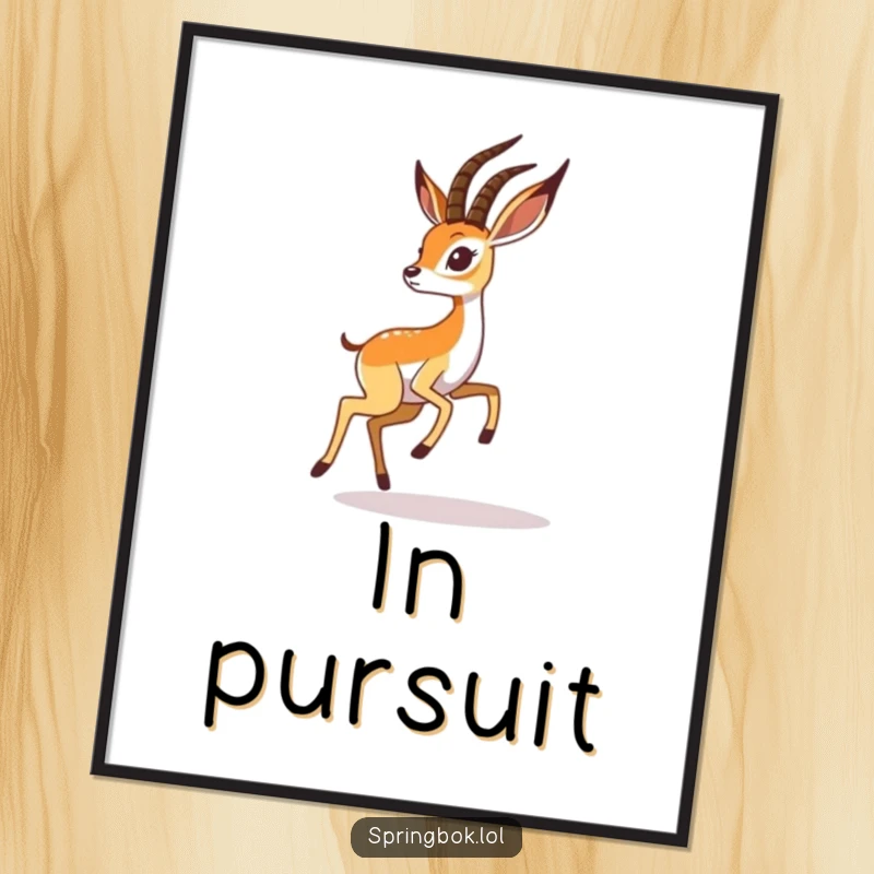 Funny springbok digital art print shows a playful springbok chasing its shadow, vibrant, whimsical, and humorous.