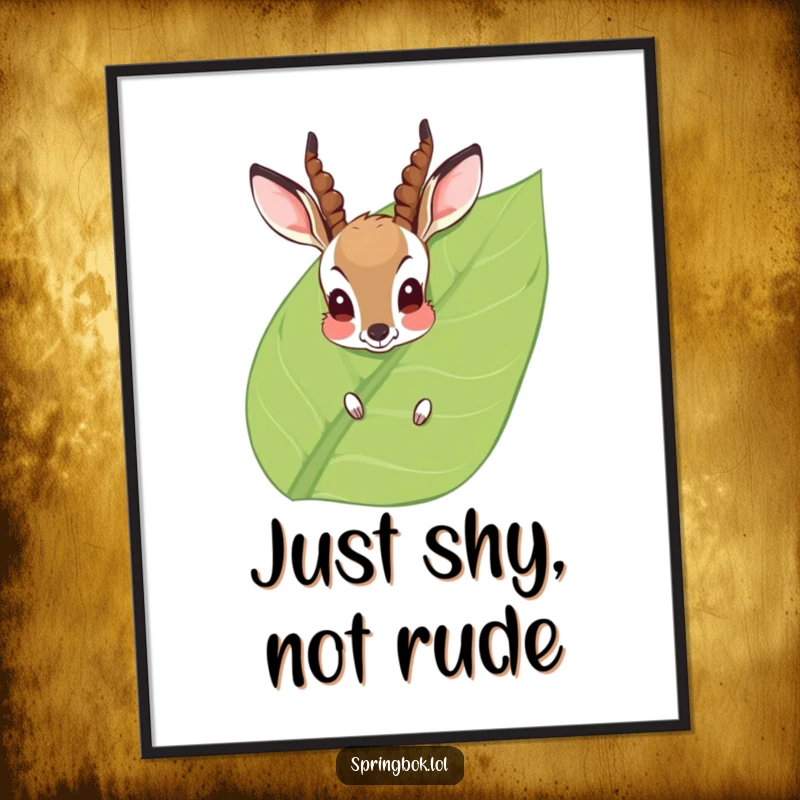 Funny Digital Art Print: A bashful antelope peeks coyly from behind a leaf, depicted in a charming and humorous style for instant wall decor.