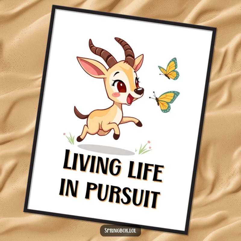 Funny springbok character excitedly chasing a butterfly in a digital art print, offering instant cheer and humor for your walls.