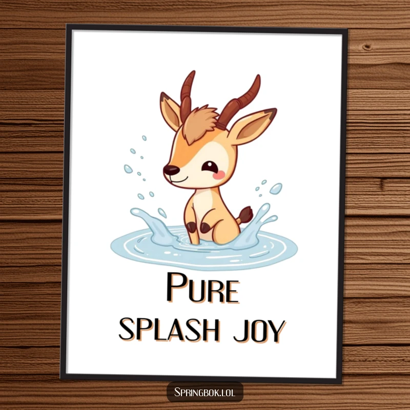 Funny springbok digital art print of a playful springbok character splashing happily in a puddle, perfect for instant download.