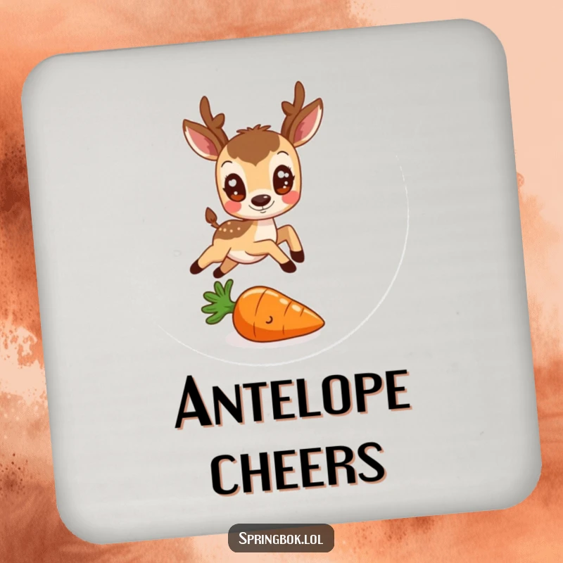 Funny drink coaster showcasing a round antelope with friendly eyes leaping over a tiny carrot, a humorous and cheerful household item.