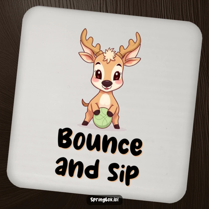 Funny Antelope Coaster: A smiling antelope is shown playing with a small ball using its nose, adding a humorous touch to drink protection.