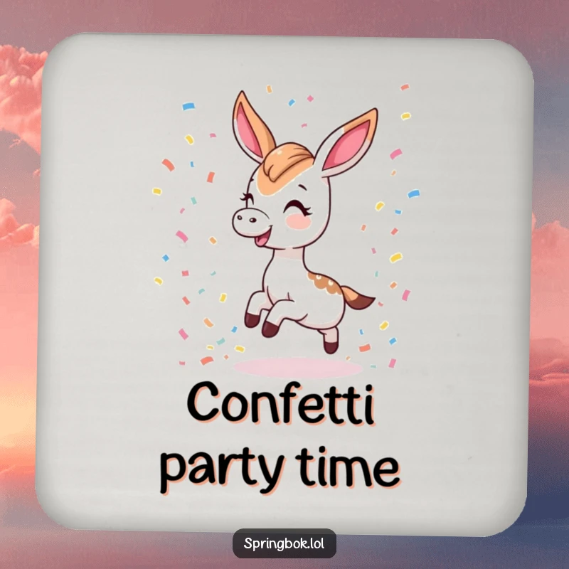 Funny drink coaster showcasing a Kawaii springbok tripping playfully and scattering confetti, a humorous and adorable household item.