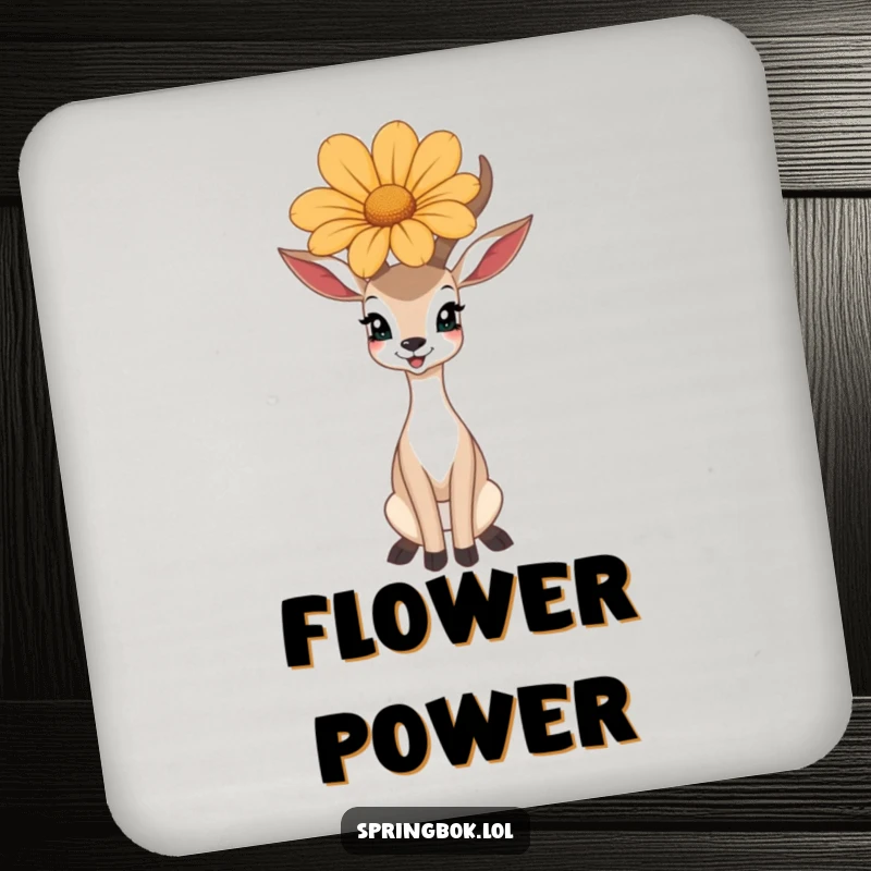 Funny coasters featuring a happy antelope balancing a large flower on its head, protecting surfaces.