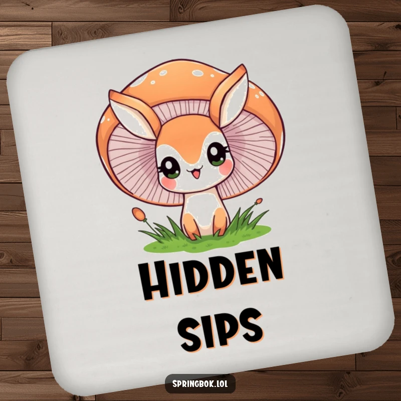 Funny drink coaster showcasing a springbok character peeking with wide eyes from behind a large, cheerful mushroom, a whimsical table accent.