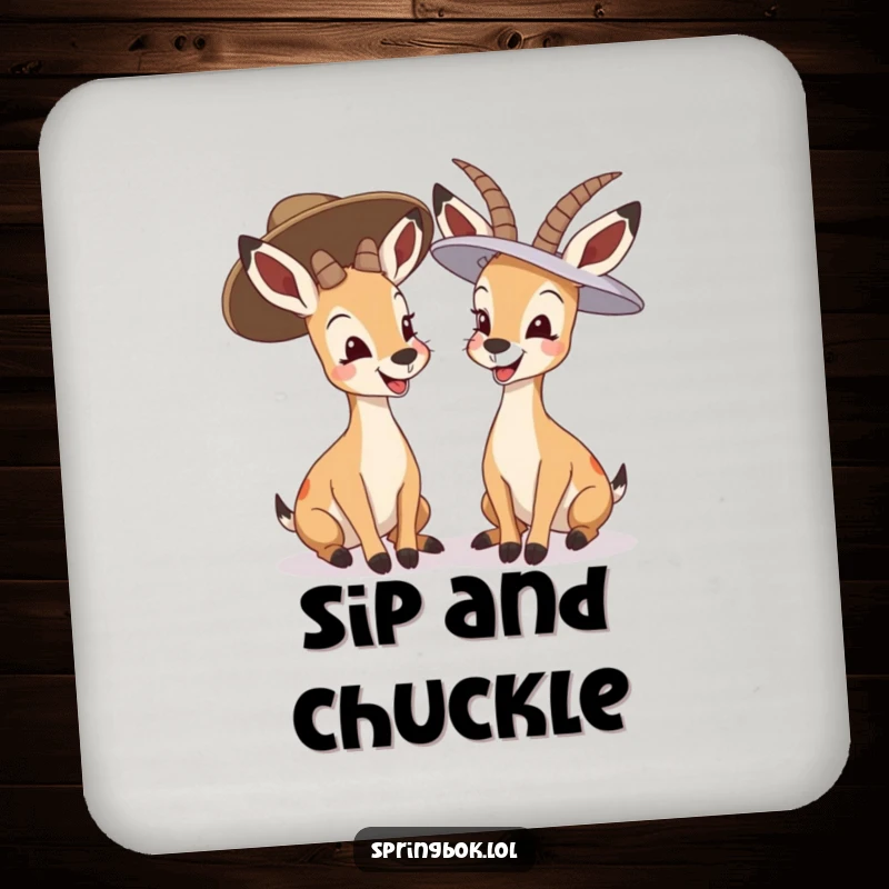 Funny springbok giggling coaster, two springboks in oversized hats giggling, protects surfaces with humor.