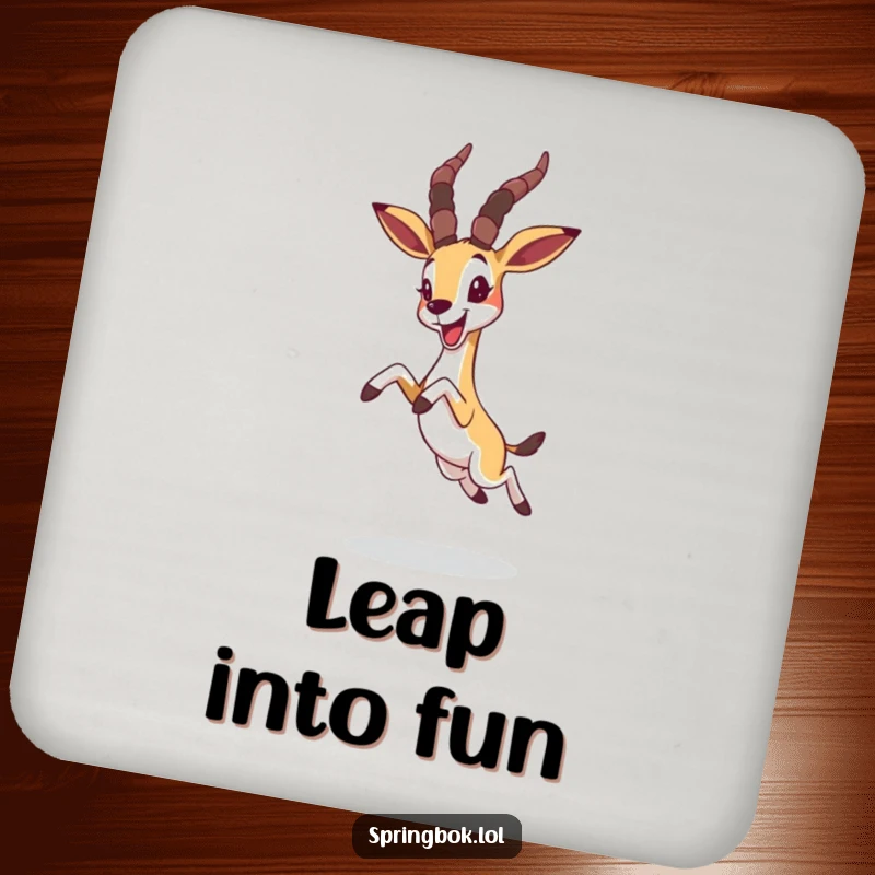 Funny springbok leaping joyfully with ears flopped forward, humorous drink coasters