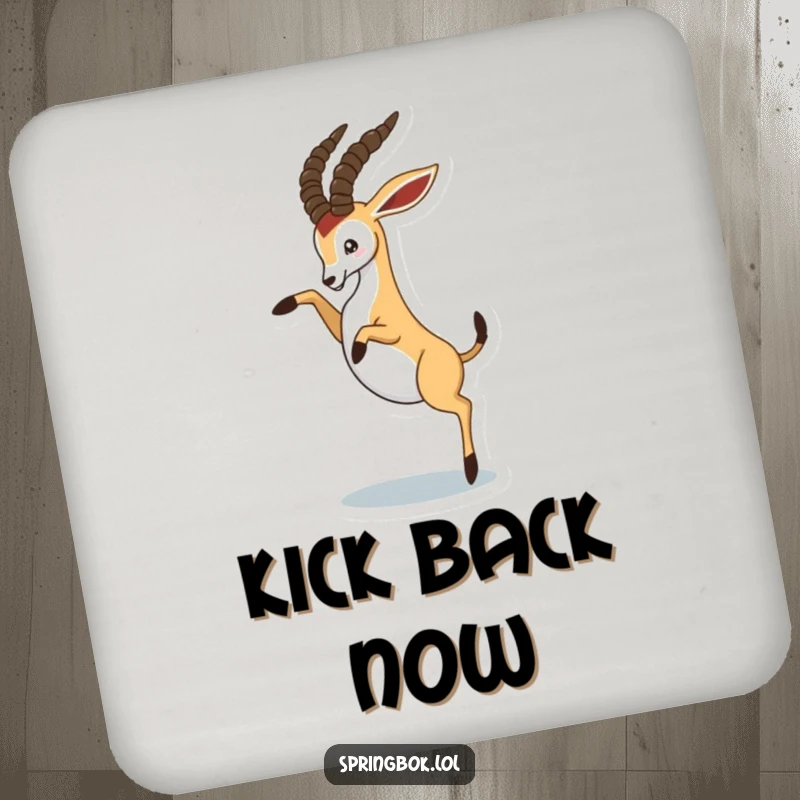 Funny springbok playfully kicking its hind legs in the air, humorous drink coasters