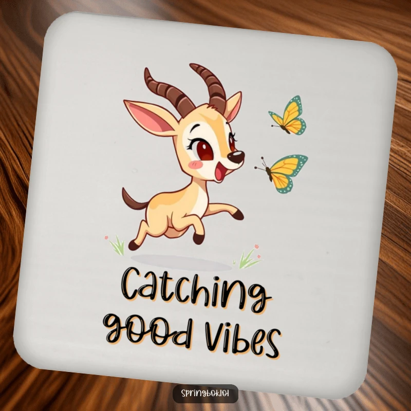 Funny springbok character chasing a butterfly on protective drink coasters, adding a humorous and cute touch to any table.