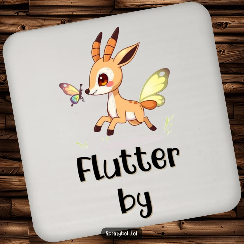 Funny springbok coasters featuring a playful character chasing a stylized butterfly, protecting surfaces with whimsical charm.