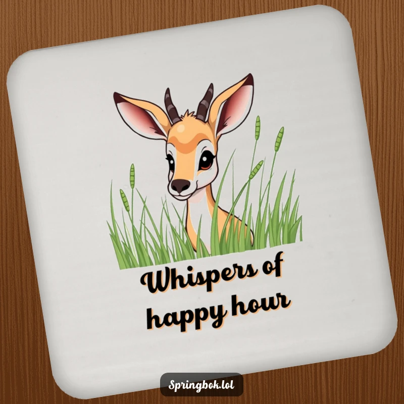 Funny Springbok Coaster: Features a springbok peeking from behind tall grass, protecting surfaces with a playful and humorous design.
