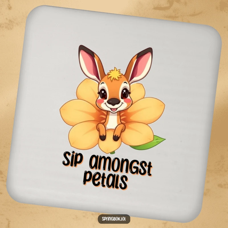 Funny springbok coaster peeking playfully from behind a large, cheerful flower, protecting surfaces with a smile.
