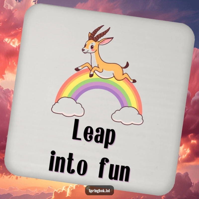 Funny drink coasters depicting a springbok leaping over a rainbow, adding whimsical charm and protection to any surface.