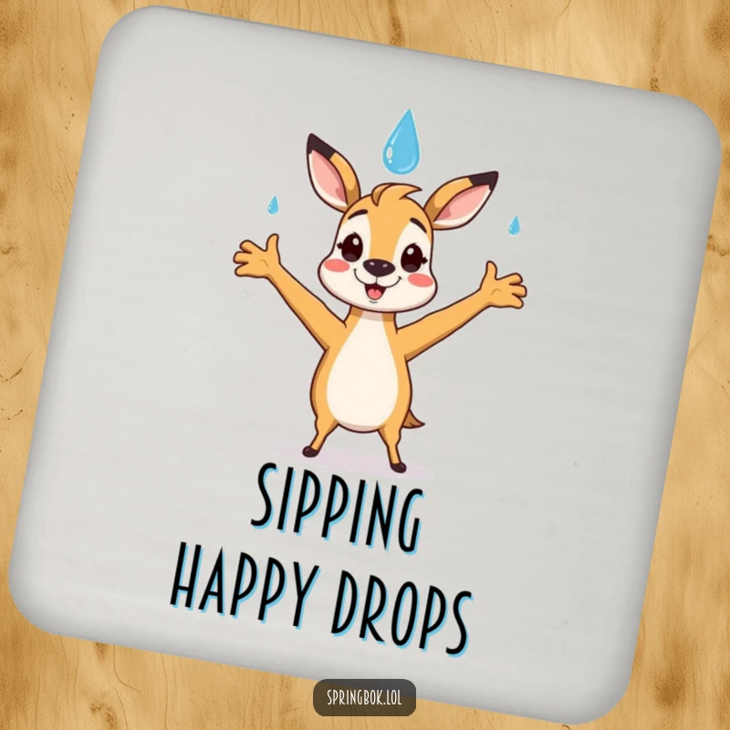 Funny springbok coaster featuring a springbok character happily catching a smiling raindrop with open arms, adding cheerful charm.
