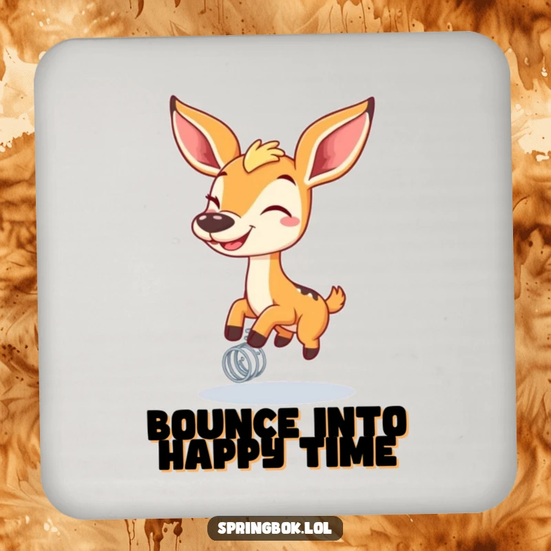 Funny springbok with a wide grin bouncing on a spring on a drink coaster, offering protection with joyful and humorous flair.