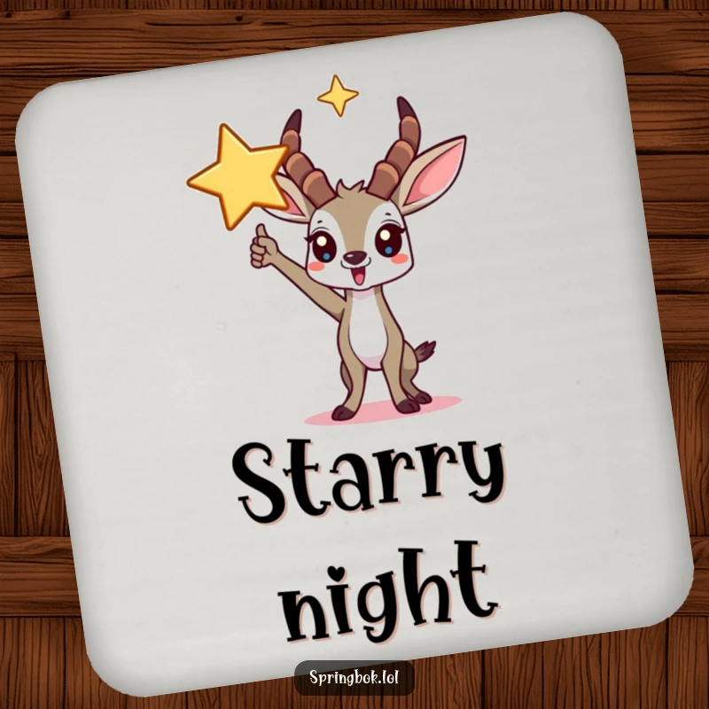 Funny springbok coasters featuring a triumphant character under a star, protecting surfaces with humorous, celestial flair.