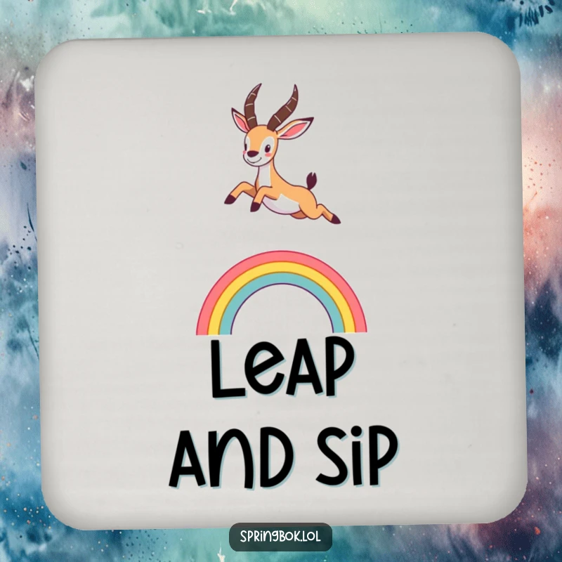 Funny springbok drink coasters showcasing a cute animal leaping over a rainbow, adding a whimsical and protective touch.