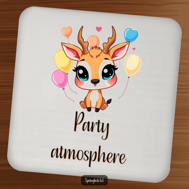 Funny springbok coaster with large, happy eyes humorously juggling colorful balloons, protecting surfaces with a smile.