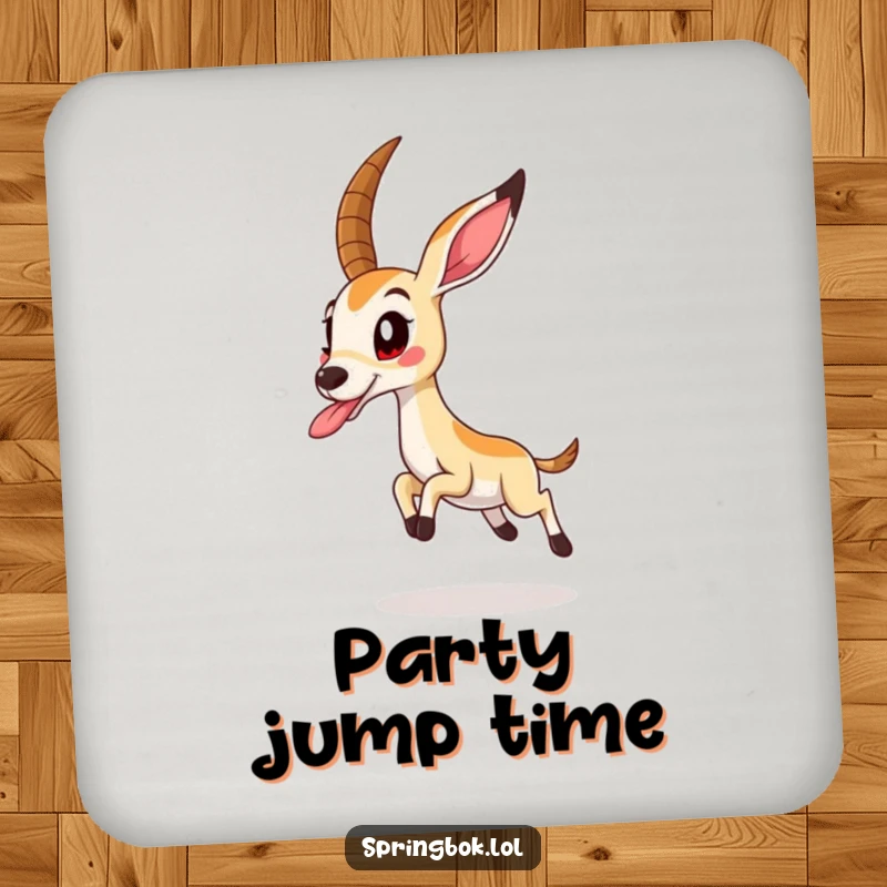 Funny springbok caught mid-jump with tongue out, on a protective and amusing drink coaster.