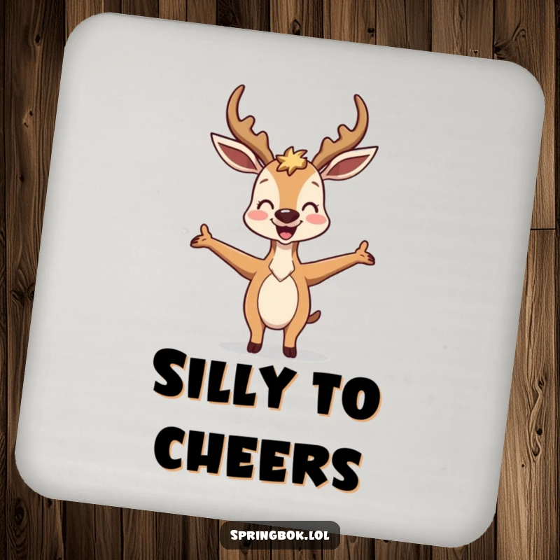Funny Antelope Coaster: A joyful antelope strikes a comically silly pose with arms outstretched, adding humor to surface protection.