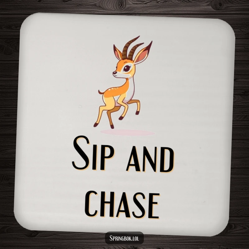 Funny springbok coaster displays a playful springbok chasing its shadow, adding humorous protection to surfaces.