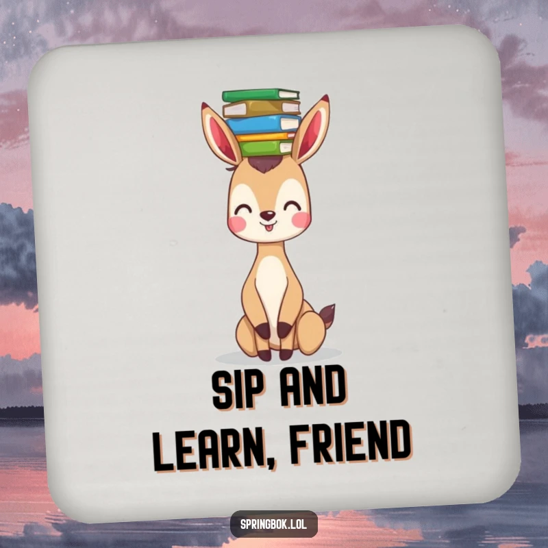 Funny springbok drink coasters featuring a springbok balancing a stack of books on its head, protecting surfaces with humor.