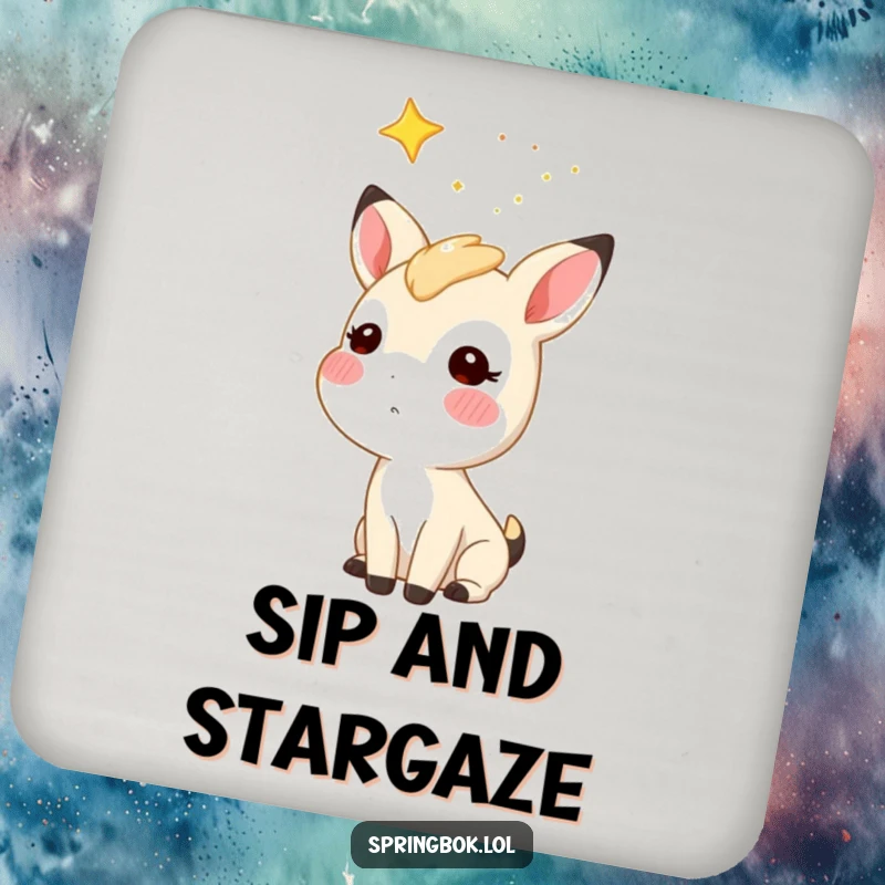 Funny starry sky springbok coaster, a springbok character looking up at stars, protects surfaces with whimsy.