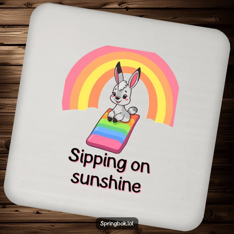 Funny springbok drink coaster, illustrating a springbok gleefully sliding down a rainbow, adding a fun and protective touch to any table.