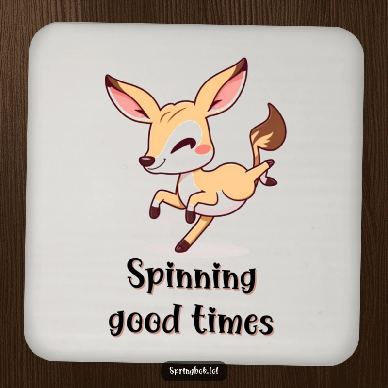 Funny Springbok cartwheel coaster, a springbok winking while doing a cartwheel, protects surfaces with humor.