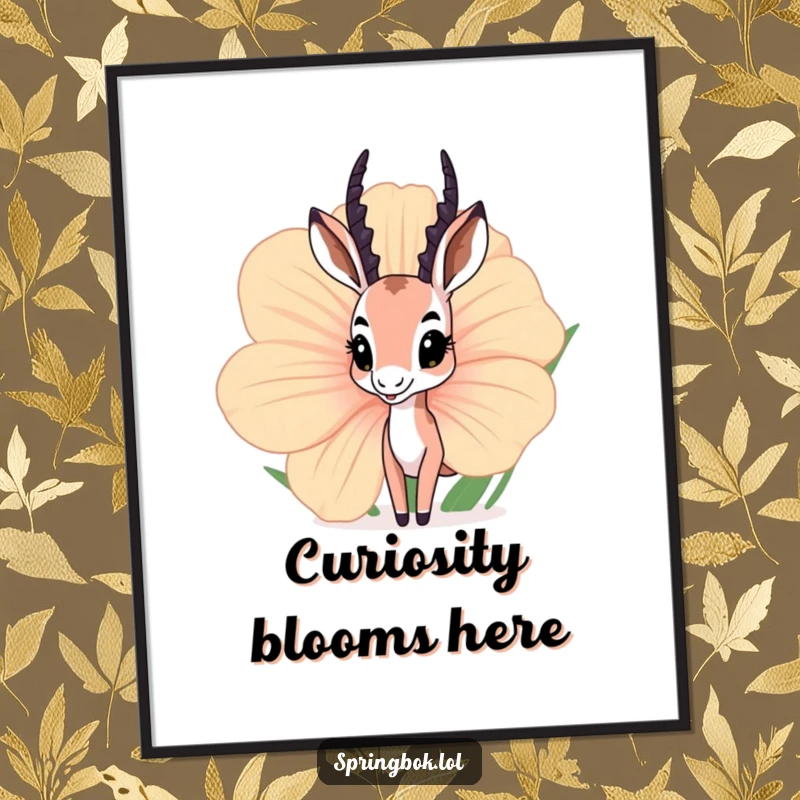 Funny springbok poster featuring a curious springbok peeking from behind a colossal flower, adding a touch of whimsical art.