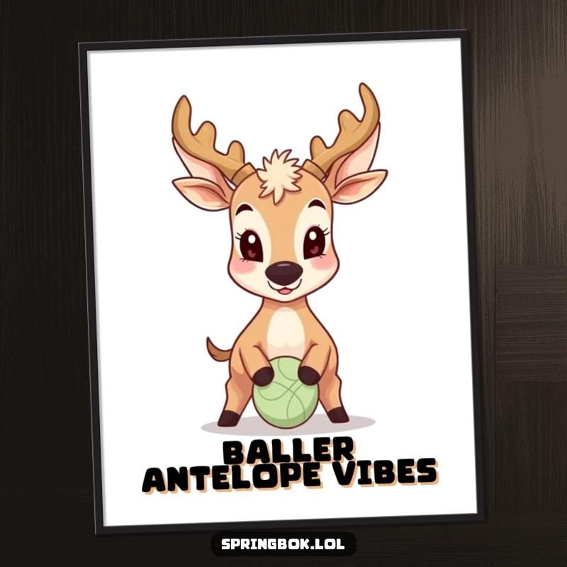 Funny Antelope Poster: A smiling antelope demonstrates incredible nose-ball control, creating a humorous and charming piece of wall art.