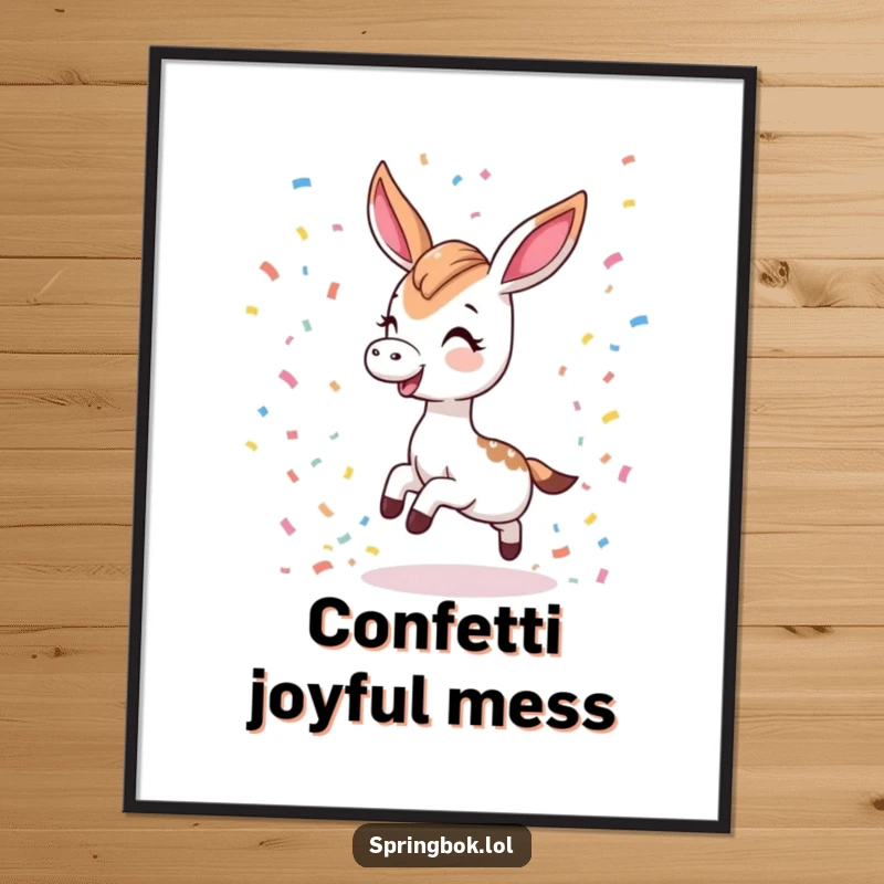 Funny poster art of a Kawaii springbok tripping playfully and scattering confetti, cute and humorous wall decor.