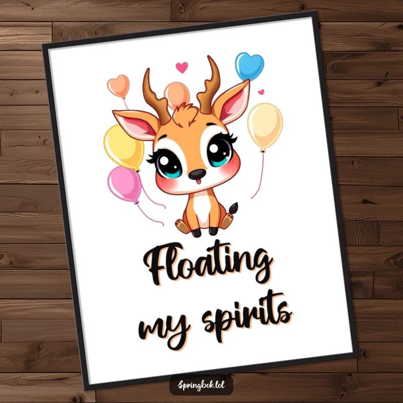 Funny springbok poster of a happy character with big eyes humorously juggling colorful balloons, adding whimsical joy to decor.