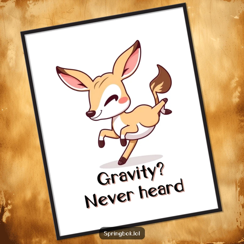 Funny Springbok cartwheel poster, a mischievous springbok winking as it performs a cartwheel, vibrant wall art.