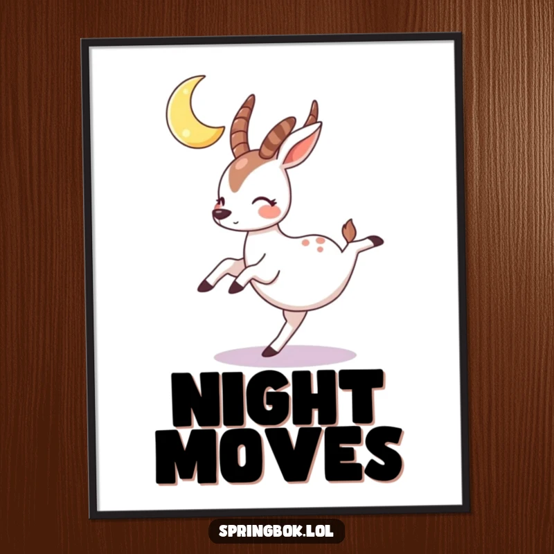 Funny springbok poster illustrating a rosy-cheeked character doing a cartwheel beneath a crescent moon, capturing nighttime magic.
